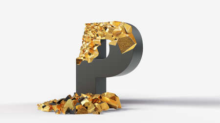damaged black letter P reveals gold inside. 3d illustration, suitable for typewriting, letter, and...