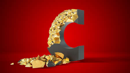damaged black letter C reveals gold inside. 3d illustration, suitable for typewriting, letter, and alphabet themes.の写真素材