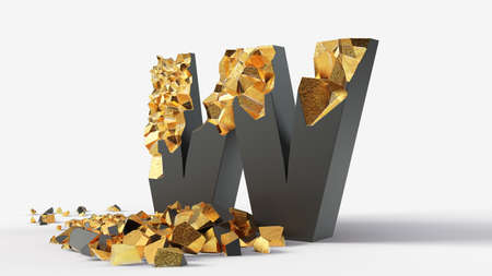 damaged black letter W reveals gold inside. 3d illustration, suitable for typewriting, letter, and alphabet themes.の写真素材
