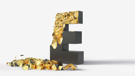 damaged black letter E reveals gold inside. 3d illustration, suitable for typewriting, letter, and alphabet themes.の写真素材