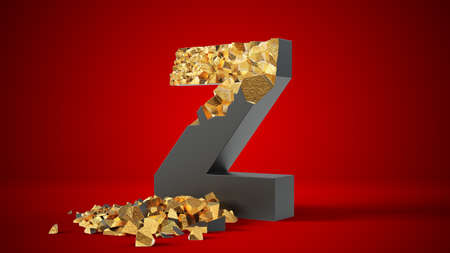 damaged black letter Z reveals gold inside. 3d illustration, suitable for typewriting, letter, and alphabet themes.の写真素材