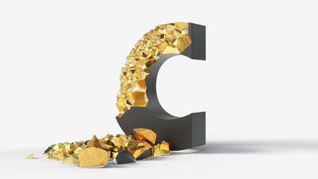 damaged black letter C reveals gold inside. 3d illustration, suitable for typewriting, letter, and alphabet themes.の写真素材