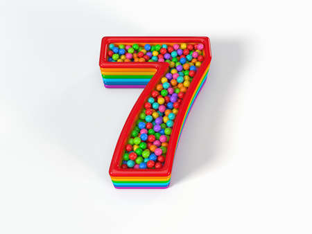 Number 7 shaped child pool filled with plastic toy balls. Suitable for kids, games and toy themes. 3D illustrationの写真素材