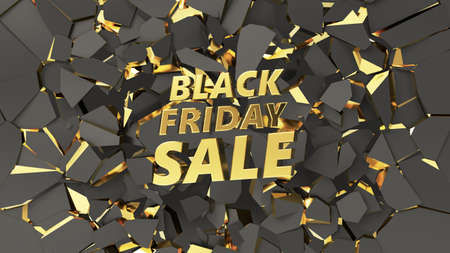 Groundbreaking golden Black friday text on breaking ground. 3D illustration, suitable for discount and sale themes.の写真素材