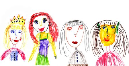 Children's drawing colour pencils on a white paperの写真素材