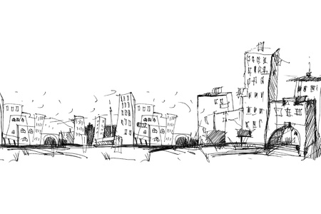 image of the city, drawn by ink on a white backgroundの写真素材