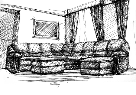 Armchair against a wall monochrome drawing, sketch imageの写真素材