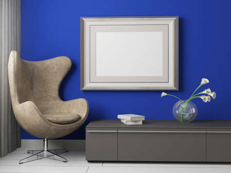 Mock-up frame in beige home interior with armchair, 3d rendering