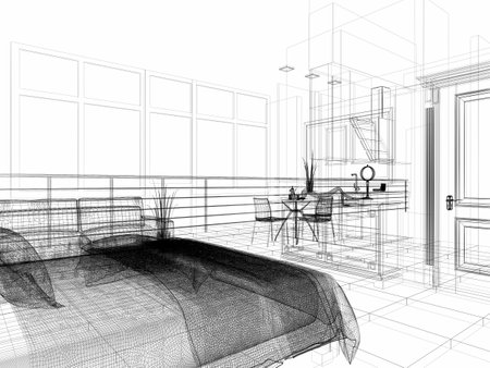 bedroom in the apartment is made with lines, 3d renderingの写真素材