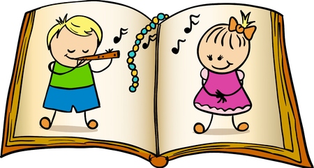 A boy plays a girl on a pipe   Vector illustration  のイラスト素材