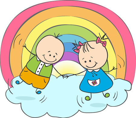 Children having fun under the rainbow   Vector illustration のイラスト素材