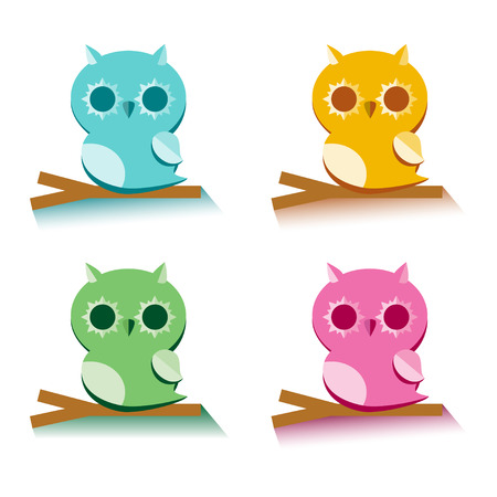 colorful cute owls on branchesのイラスト素材