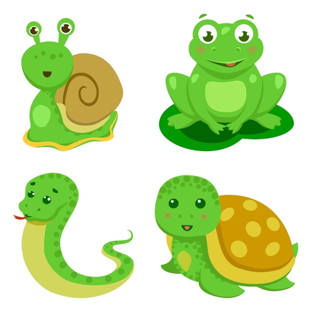Reptiles and amphibians decorative set of turtle snake in cartoon style isolated vector illustrationのイラスト素材