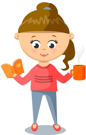 Girl in Pink Sweater. Cute  With Cup And Book.のイラスト素材