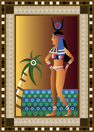 Egyptian ancient woman on the beach. Isolated figure of egypt goddess. Vector illustration.のイラスト素材