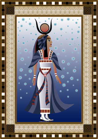 Egyptian ancient woman in winter at the rink. Isolated figure of egypt goddess. Vector illustration.のイラスト素材