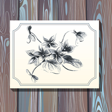Card postcard template with floral bouquet with violets on wooden background. Wedding design web and print.のイラスト素材