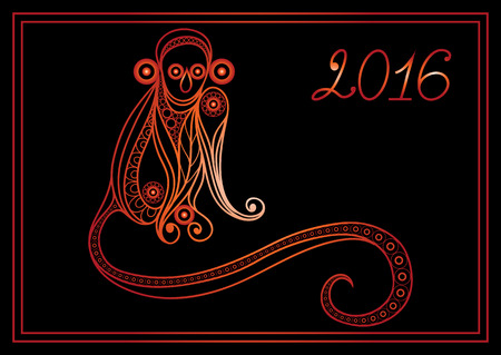 Vector illustration of fire monkey, symbol of 2016. Silhouette of ape, decorated with floral pattern. Vector element for New Year's design.のイラスト素材