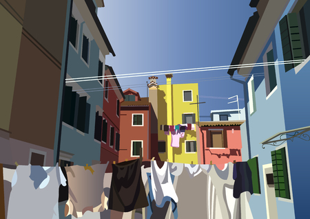 Burano, island in the Venetian lagoon. Colorful houses  in Burano, Venice, Italy. Vector illustration.のイラスト素材