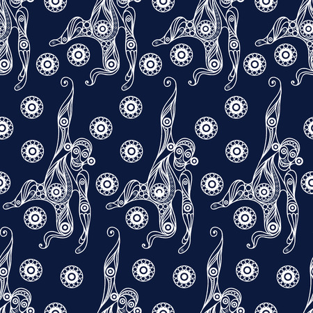 Seamless texture of fire monkey, symbol of 2016. Continuous pattern of ape, decorated with floral pattern. Suitable for New Year's design: cloth, web, wallpaper, wrapping. Vector illustration.のイラスト素材
