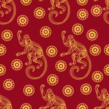 Seamless texture of fire monkey, symbol of 2016. Continuous pattern of ape, decorated with floral pattern. Suitable for New Year's design: cloth, web, wallpaper, wrapping. Vector illustration.のイラスト素材