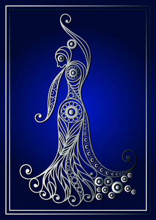 Spanish young girl in a dress dancing flamenco. Suitable for invitation, flyer, sticker, poster, banner, card,label, cover, web. Vector illustration.のイラスト素材