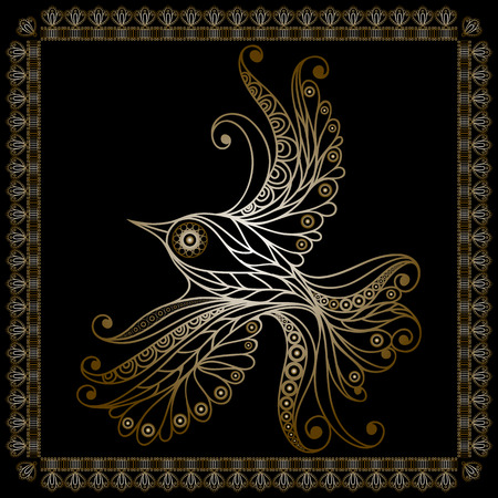 Silhouette of a patterned gold bird in floral style. Suitable for invitation, flyer, sticker, poster, banner, card,label, cover, web. Vector illustration.のイラスト素材