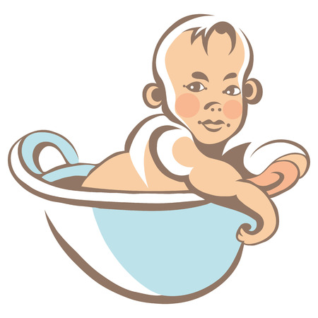 Portrait of little baby (child, kid). Suitable for invitation, flyer, sticker, poster, banner, card,label, cover, web. Colorful vector illustration isolated.のイラスト素材