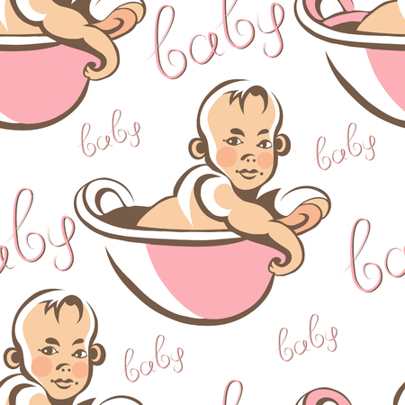 Seamless texture with cute baby (child, kid) - girls. Suitable for design: cloth, web, wallpaper, wrapping, packaging. Vector illustration.のイラスト素材