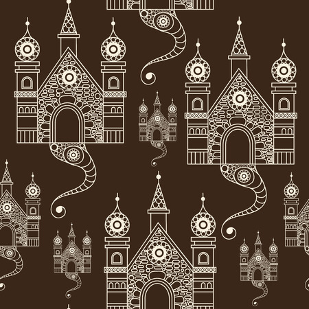 Seamless texture with lace pattern in floral style (with castle (palace). Suitable for design: cloth, web, wallpaper, wrapping.のイラスト素材