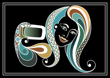 Young girl (woman, female) taking selfie photo with mobile phone (smartphone). Suitable for invitation, flyer, sticker, poster, banner, card,label, cover, web. Vector illustration.のイラスト素材