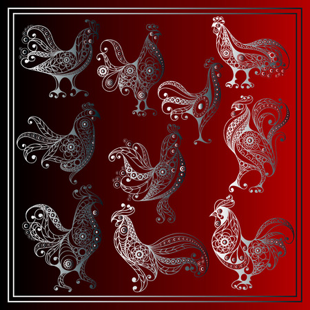 Graphic illustration of fire cock, symbol of 2017 (set, kit, group). Suitable for invitation, flyer, sticker, poster, banner, card,label, cover, web. Vector element for New Year's design.のイラスト素材