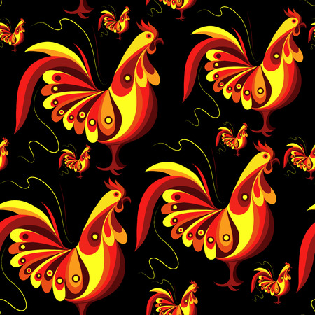 Seamless texture (pattern) with cock (rooster) - symbol of 2017 (fire cock). Suitable for design: cloth, web, wallpaper, wrapping. Vector illustration for New Year's design.のイラスト素材