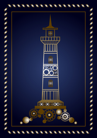 Graphic abstract lighthouse (beacon, pharos) in line art style. Sailor element. Suitable for invitation, flyer, sticker, poster, banner, card, label, cover, web. Vector illustration.のイラスト素材