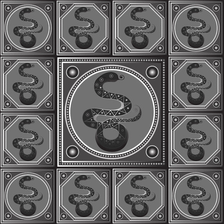 Maya art boho pattern with snake. Ethnic geometric print. Aztec background texture. Fabric, cloth design, wallpaper, wrapping, packaging. Vector illustration.のイラスト素材