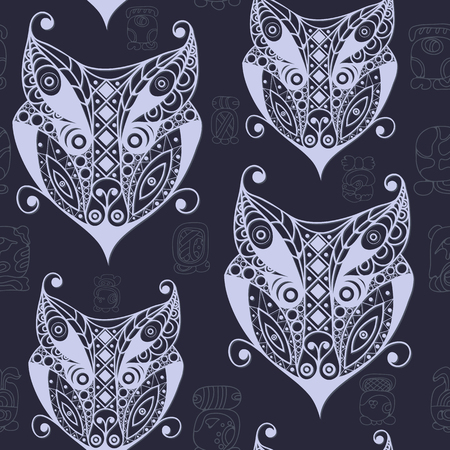 Seamless Maya art boho pattern with wolf. Ethnic print. Aztec background texture. Fabric, cloth design, wallpaper, wrapping, packaging. Vector illustration.のイラスト素材