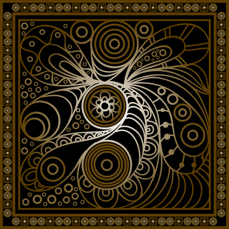 Vector abstract doodle pattern. Hand drawn geometrical ornaments, wavy stripes and fantasy leaves with flower.Textile gold vintage print.のイラスト素材