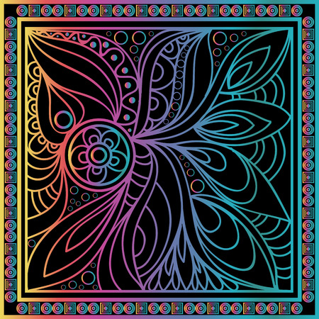 Vector abstract doodle pattern. Hand drawn geometrical ornaments, wavy stripes and fantasy leaves with flower.Textile colorful vintage print.のイラスト素材