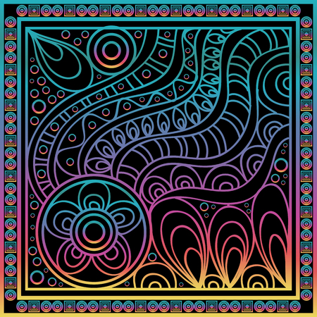 Vector abstract doodle pattern. Hand drawn geometrical ornaments, wavy stripes and fantasy leaves with flower.Textile colorful vintage print.のイラスト素材