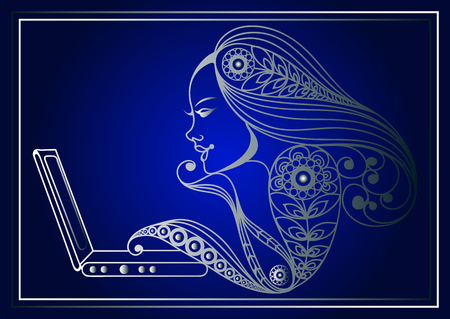 Woman with laptop. Business woman. Beautiful woman at work. Modern lifestyle. Office life. Suitable for invitation, flyer, sticker, poster, banner, card,label, cover, web. Vector illustration.のイラスト素材