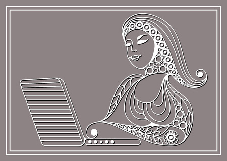 Woman with laptop. Business woman. Beautiful woman at work. Modern lifestyle. Office life. Suitable for invitation, flyer, sticker, poster, banner, card,label, cover, web. Vector illustration.のイラスト素材