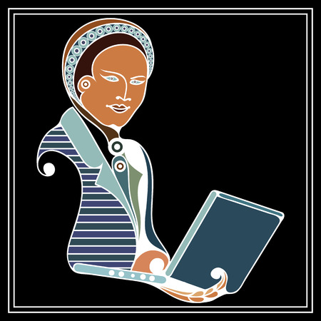 Man with laptop. Suitable for invitation, flyer, sticker, poster, banner, card,label, cover, web. Vector illustration.のイラスト素材