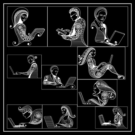 Woman and man with laptop, tablet (set). Suitable for invitation, flyer, sticker, poster, banner, card, label, cover, web. Vector illustration.のイラスト素材