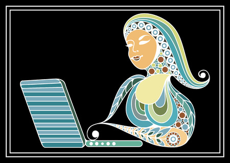 Woman with laptop. Suitable for invitation, flyer, sticker, poster, banner, card,label, cover, web. Vector illustration.のイラスト素材
