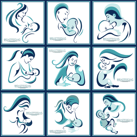 Graphic abstract decorative woman feeding baby-set. Suitable for invitation, flyer, sticker, poster, banner, card,label, cover, web. Vector illustration.のイラスト素材