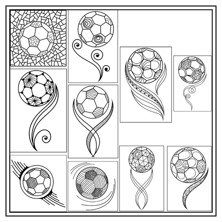 Graphic abstract decorative football (soccer) ball-set. Suitable for invitation, flyer, sticker, poster, banner, card,label, cover, web. Vector illustration. Coloring book page.のイラスト素材