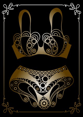 Graphic abstract decorative underwear (lingerie)-bra, panties. Suitable for invitation, flyer, sticker, poster, banner, card,label, cover, web. Vector illustration.のイラスト素材