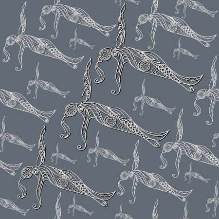 Seamless abstract background with stylized woman in yoga pose. Texture (pattern) for textile, wallpapers, print, wrapping, scrapbooking, book cover, cloth. Sport design.  Vector illustration.のイラスト素材