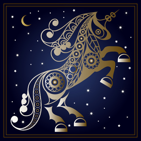 Graphic abstract unicorn (monoceros) in line art style. Mythical creature. Suitable for invitation, flyer, sticker, poster, banner, card, label, cover, web. Vector illustration.のイラスト素材