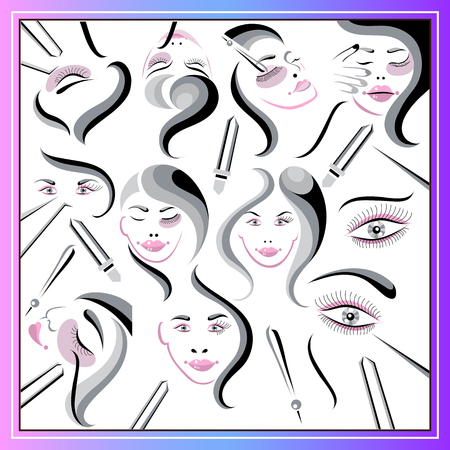 Set for salon eyelash extension, shop cosmetic products, lashmaker, stylist. For invitation, flyer, sticker, poster, banner, card, label, cover, web. Vector illustration.のイラスト素材